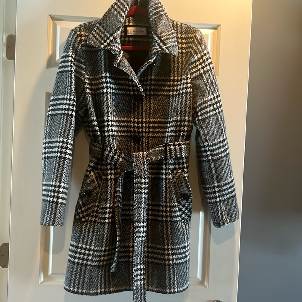 Calvin Klein Gray and White Checkered Trench Coat